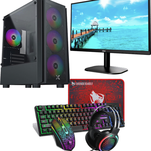 Gaming PC Bundle Deal! Fortnite Gaming Desktop｜24" AOC Monitor｜T-Wolf 400 4-in1 SetTake advantage of this great deal! The bundle includes a Custom Built Gaming Desktop, a 24" AOC Monitor & complete set of gaming peripherals for a complete gaming experience!  Gaming Desktop: Intel Tray Core i5 Processor i5-12400F 2,50Ghz 18M Alder Lake-S MSI H610M-E PRO DDR4 (1700) (D) XIGMATEK NYX Air Case Black DDR4 16GB KIT 2x8GB PC 3600 Corsair Vengeance RGB Pro  SSD Crucial 1TB P3 Plus CT1000P3PSSD8 PCIe M.2 NVME PCIe 4.0 x4 Cooler Be Quiet Pure Rock Slim 2 Power Supply Gigabyte GP-P650G VGA Gigabyte GeForce® GTX 1650 D6 4GB OC REV4.0 Windows 11  Monitor: AOC 24B2XDM Monitor 23,8" LED  T-Wolf 400 - Peripherals Set: RGB Keyboard RGB Mouse RGB Headset Mousepad  2 Years Warranty In Stock